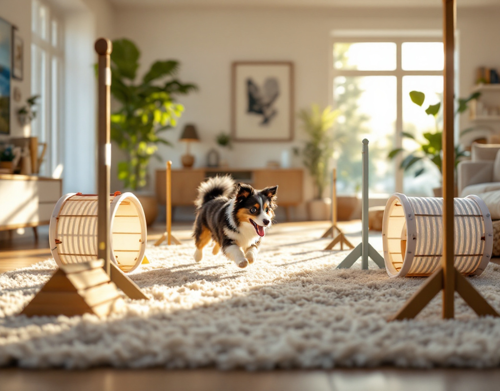 Parcours d’agilité intérieur pour Berger Américain Miniature dans un salon moderne