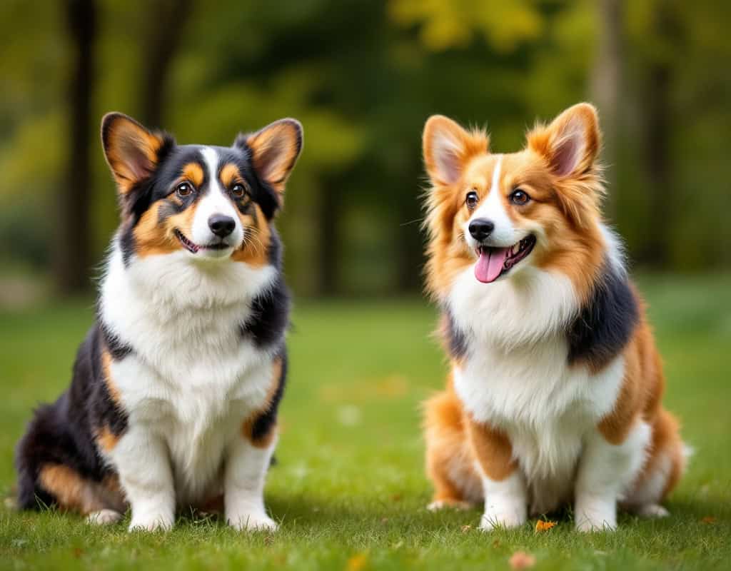 Deux Corgis, un Pembroke et un Cardigan, debout sur l’herbe