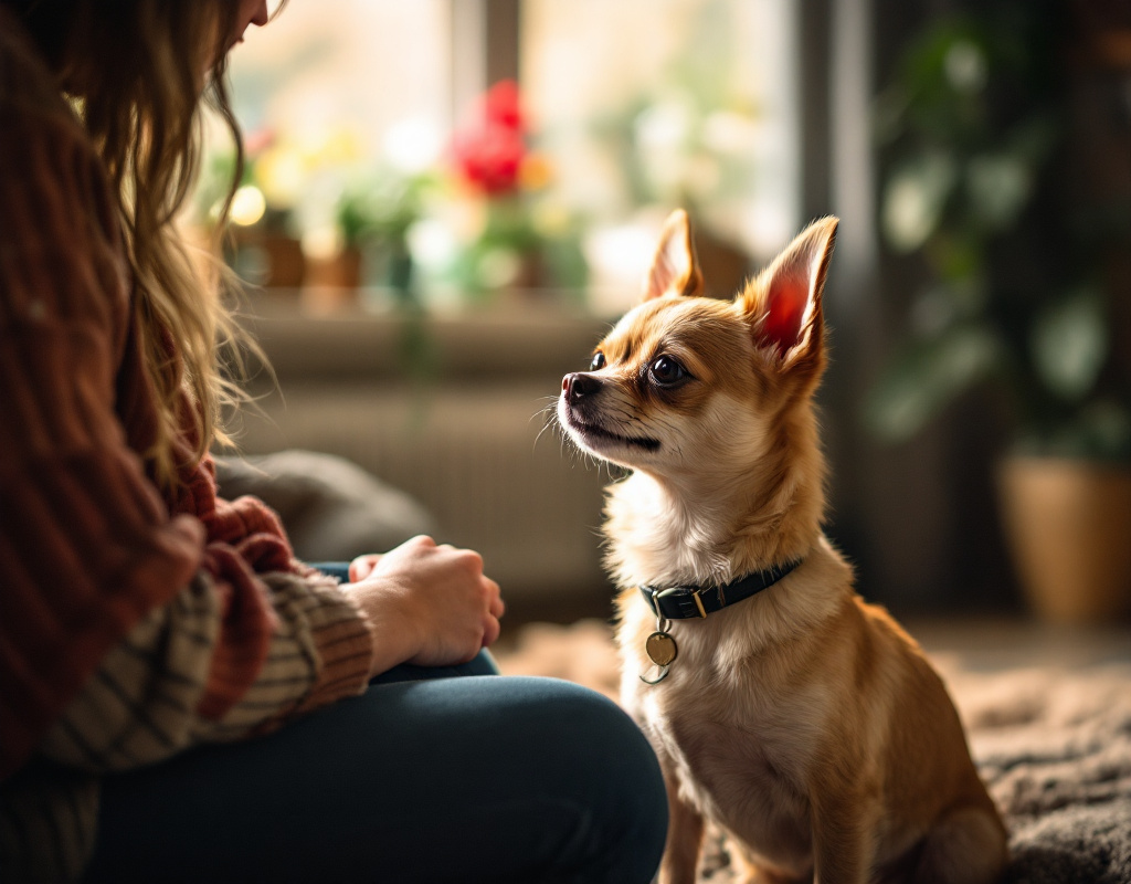 Chihuahua assis répondant à l’ordre de base dans un intérieur cosy