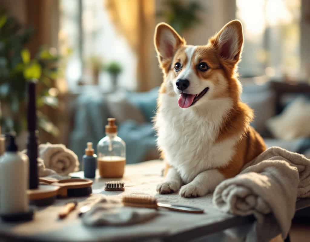Corgi Pembroke lors d'une séance de toilettage maison