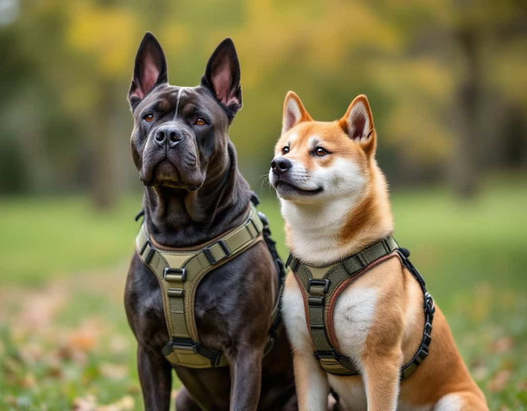 Cane Corso et Shiba Inu portant des harnais confortables