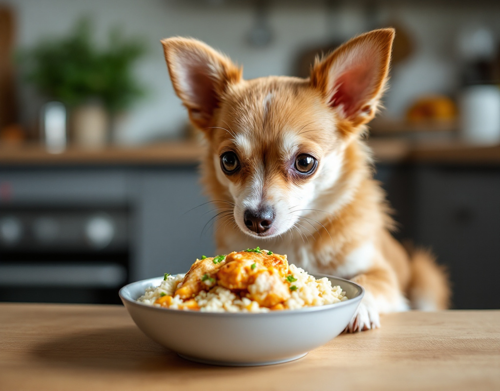 Chihuahua dégustant un repas équilibré composé de poulet cuit et de riz