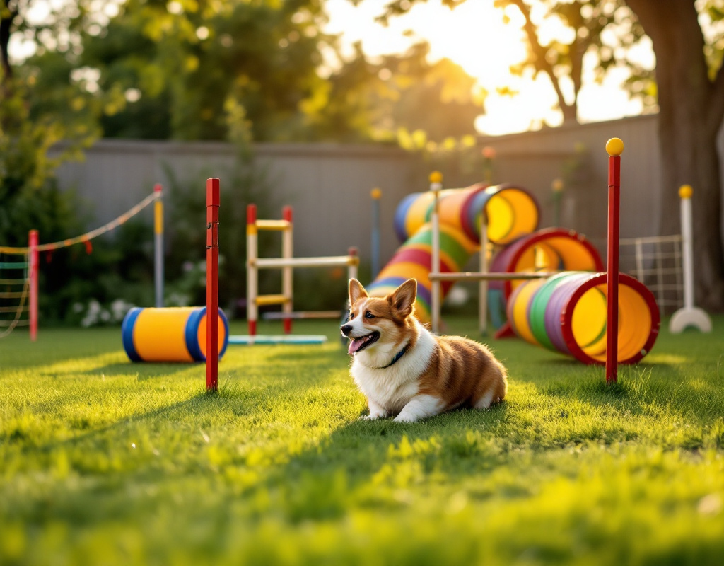 Parcours d'agility DIY pour Corgi Pembroke avec obstacles colorés