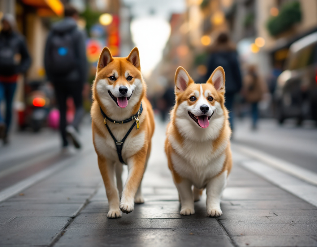 Un Shiba Inu et un Corgi Pembroke se promenant en milieu urbain