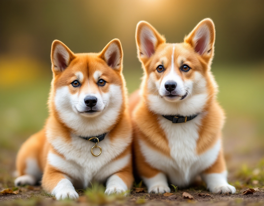 Un Shiba Inu et un Corgi Pembroke côte à côte en plein air