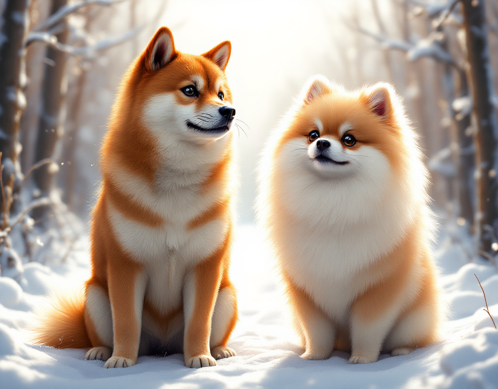 Shiba Inu et Spitz Nain dans un paysage nordique enneigé