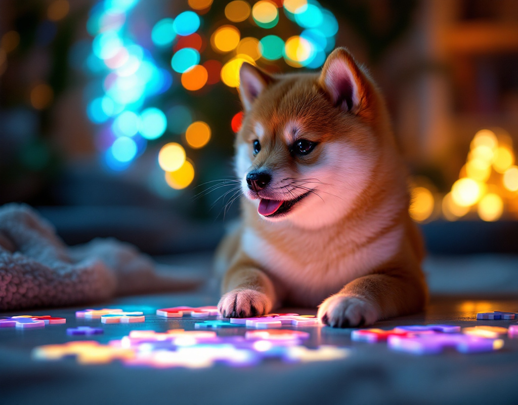Shiba Inu jouant avec un jouet interactif en forme de puzzle