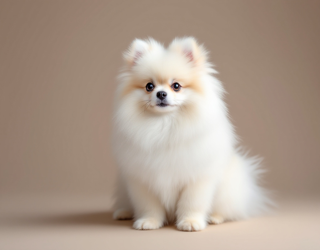 Spitz nain Pomeranian blanc assis, hypoallergénique