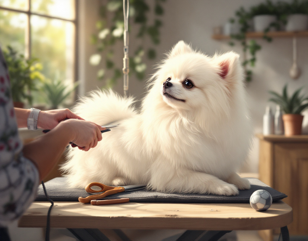 Illustration d’un Spitz Nain lors d’une séance de toilettage.