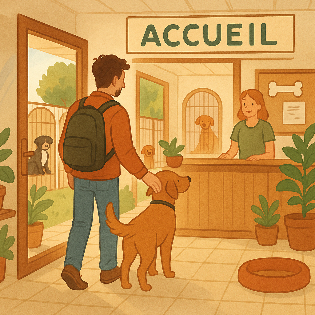 Chien et maître visitant une pension canine avant le séjour
