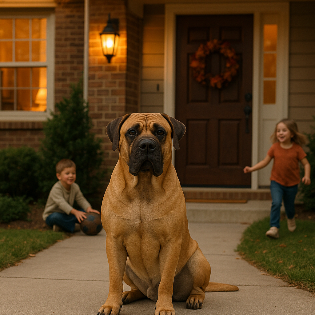 Boerboel surveillant une maison en famille