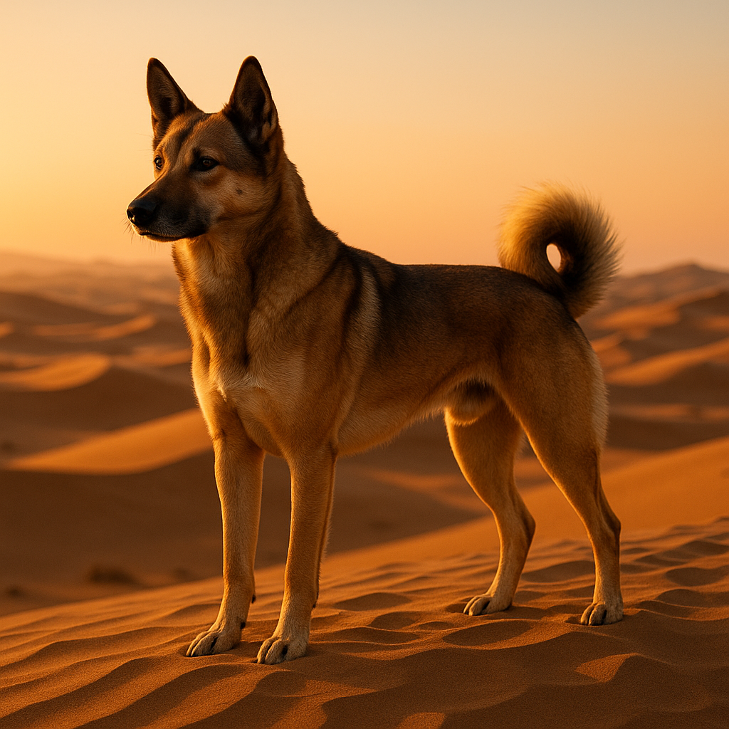Chien Canaan debout sur une dune au lever du soleil