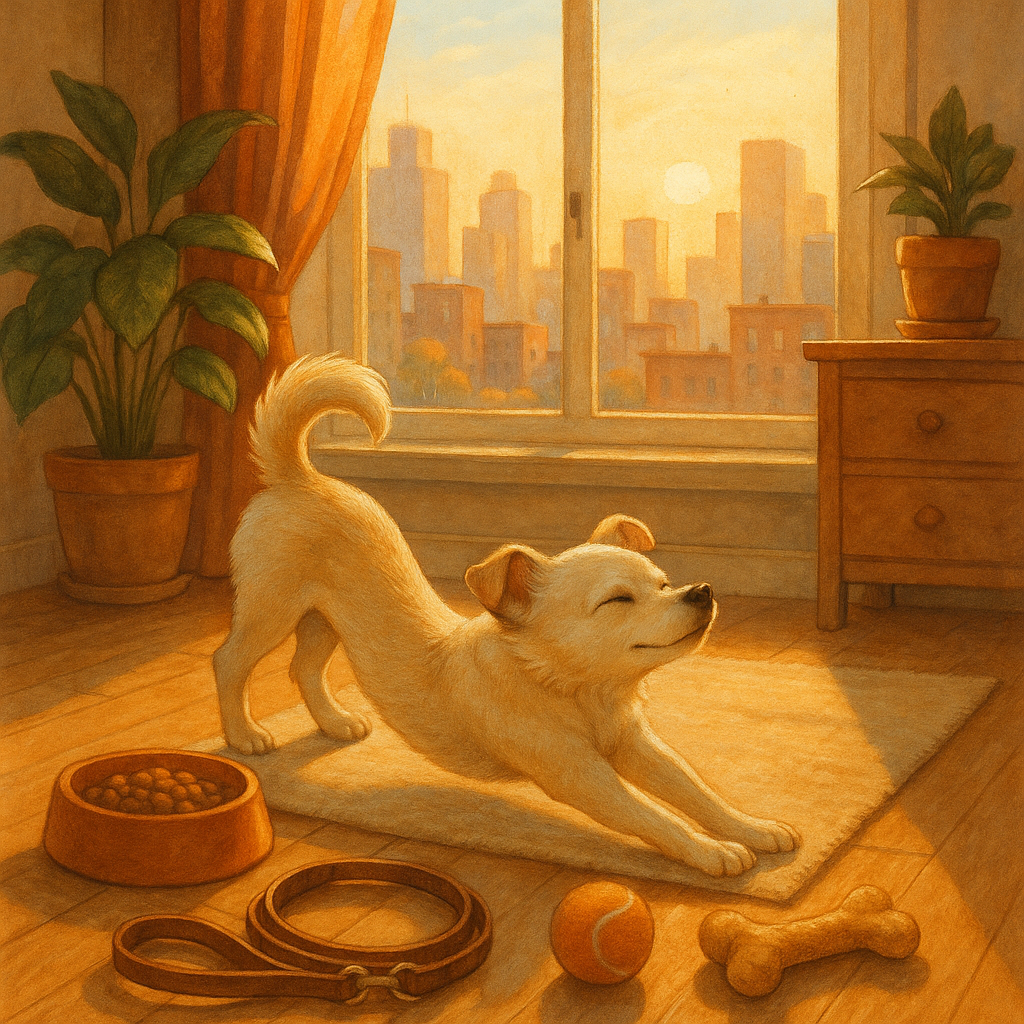 Chien suivant sa routine du matin dans un appartement lumineux