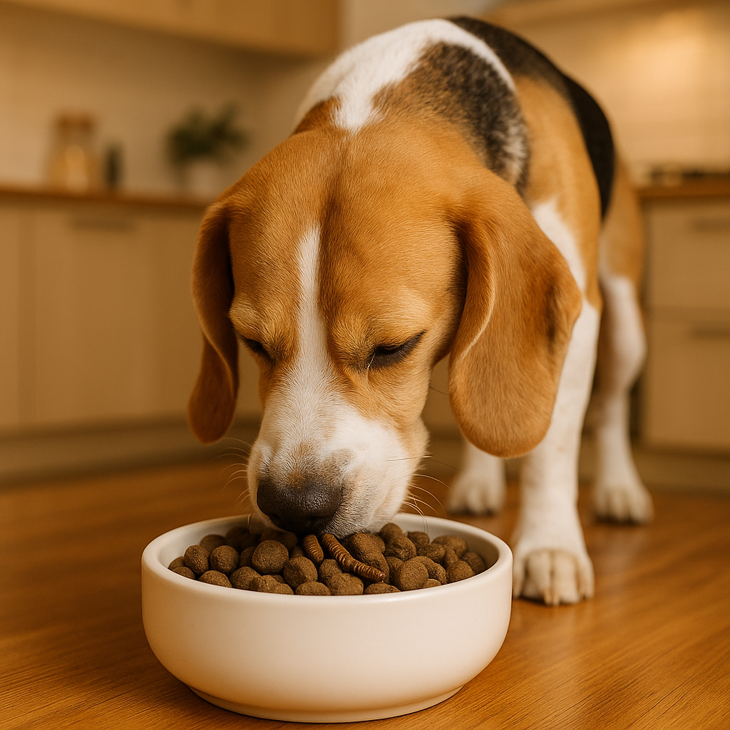 Chien mangeant des croquettes à base d'insectes dans une cuisine moderne