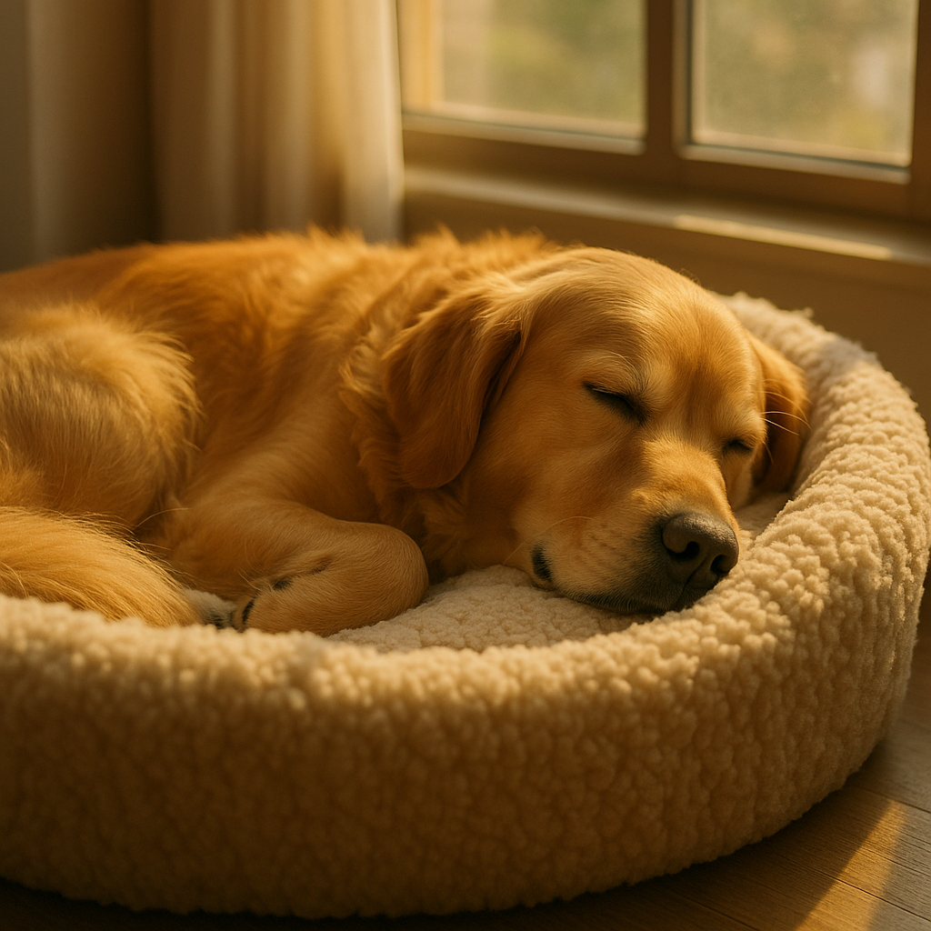 Chien endormi dans son panier pendant l'absence des propriétaires
