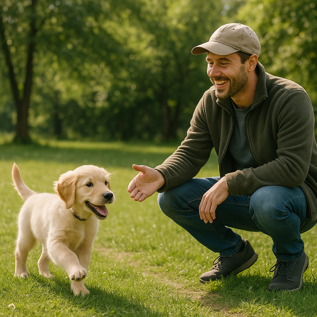 Jeune chien en cours de rappel avec un fil invisible dans un parc