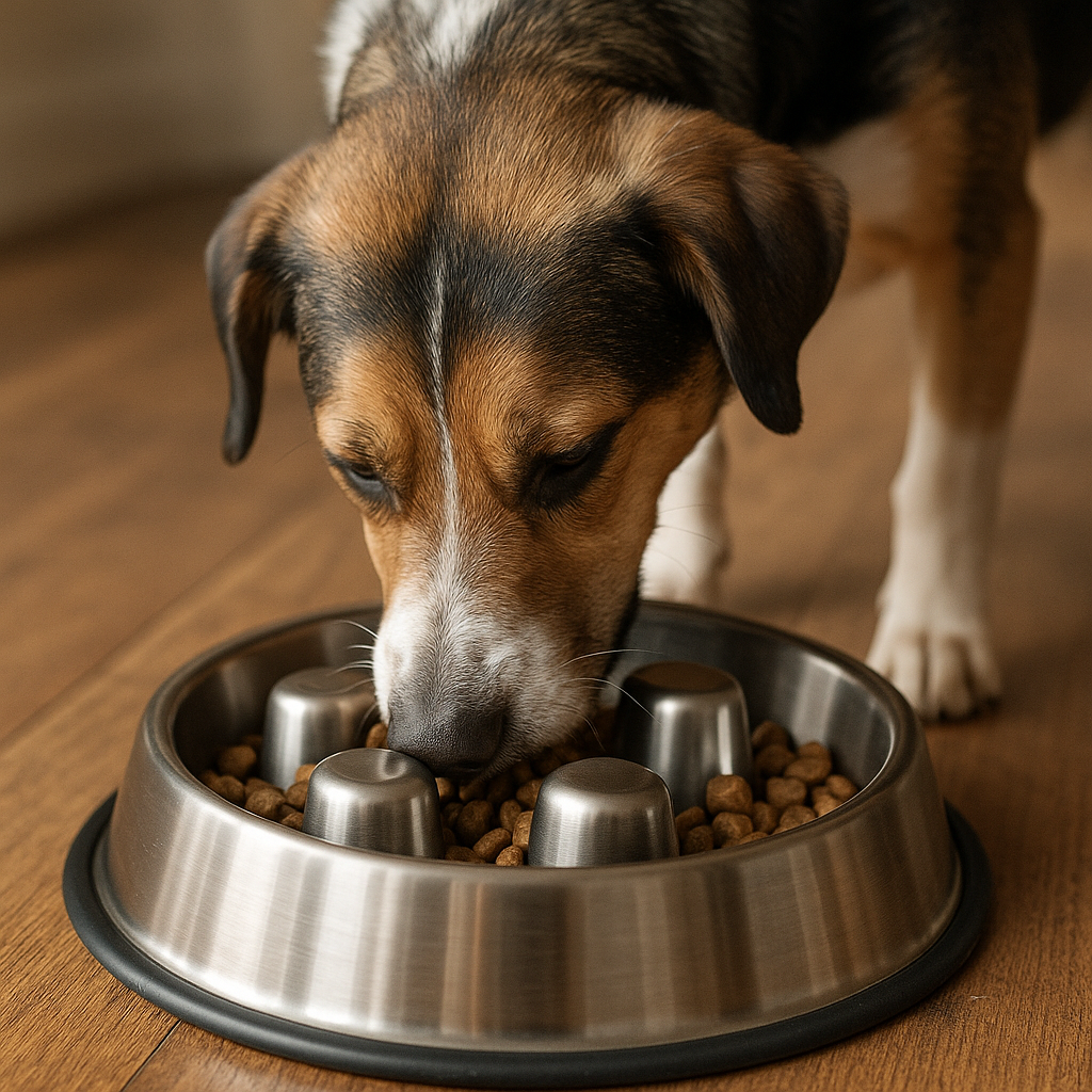 Chien utilisant une gamelle anti-glouton en inox
