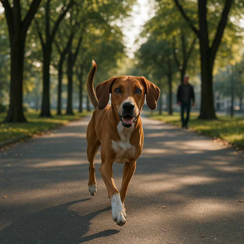 Chien courant librement dans un parc urbain bordé d'arbres en début de matinée
