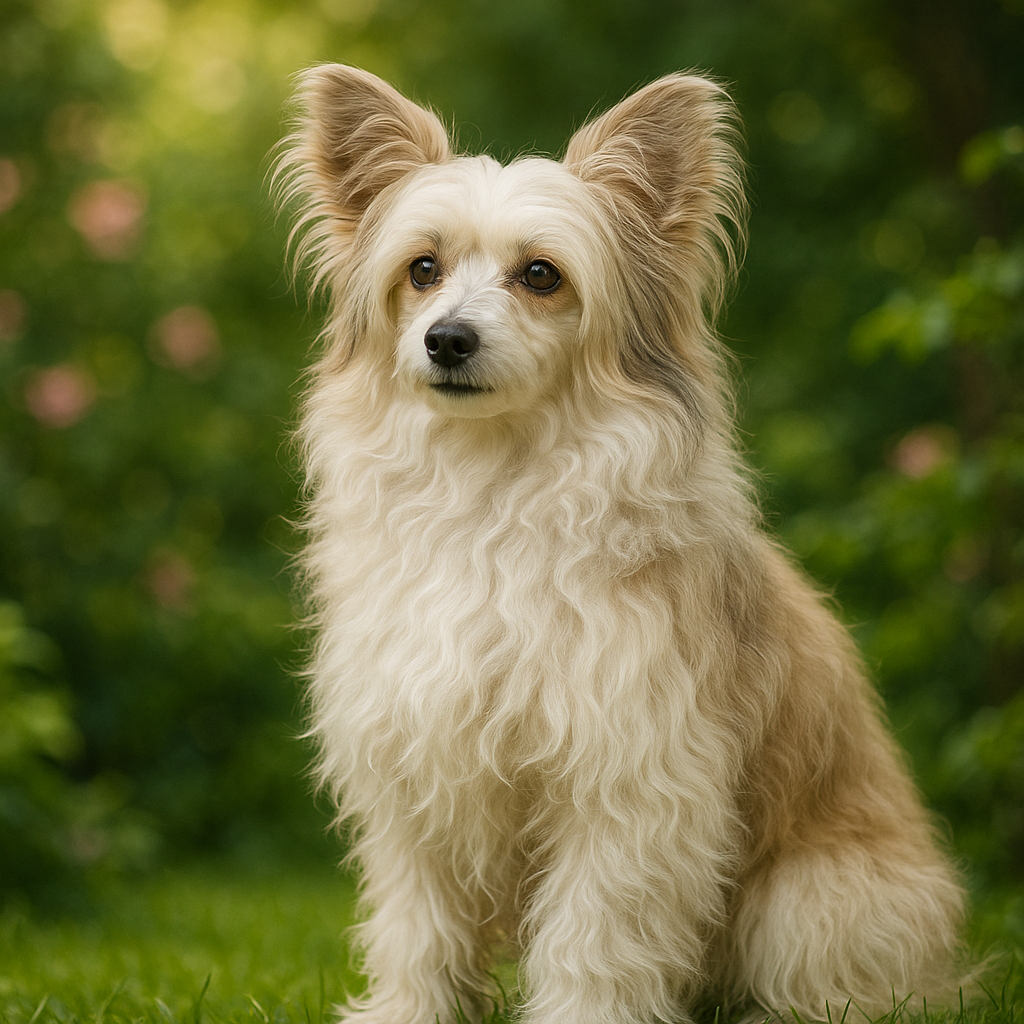 Chinese Crested Powderpuff dans un jardin