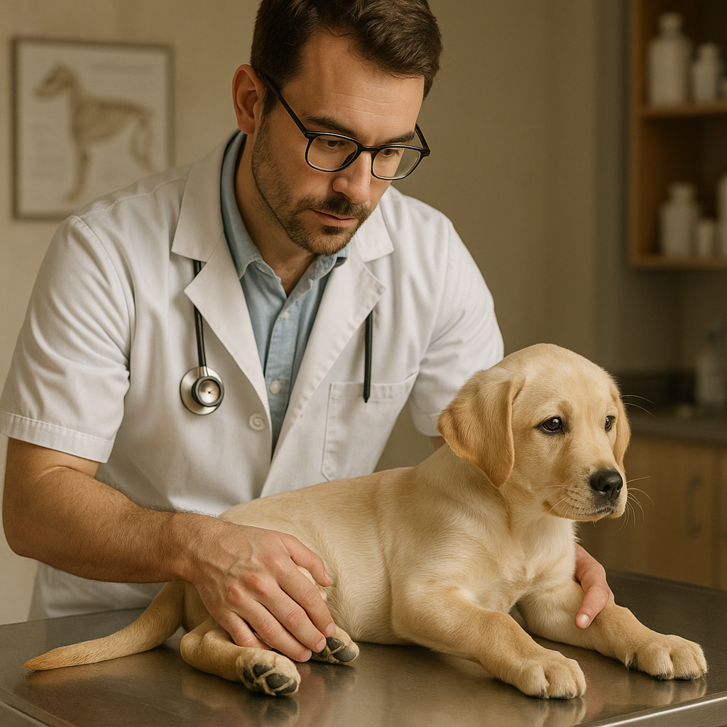 Vétérinaire examinant les articulations des hanches d'un labrador retriever âgé de 4 mois
