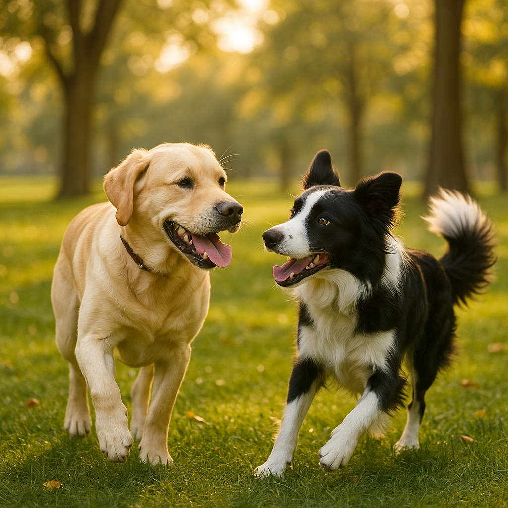 Deux chiens de races différentes jouant paisiblement dans un parc