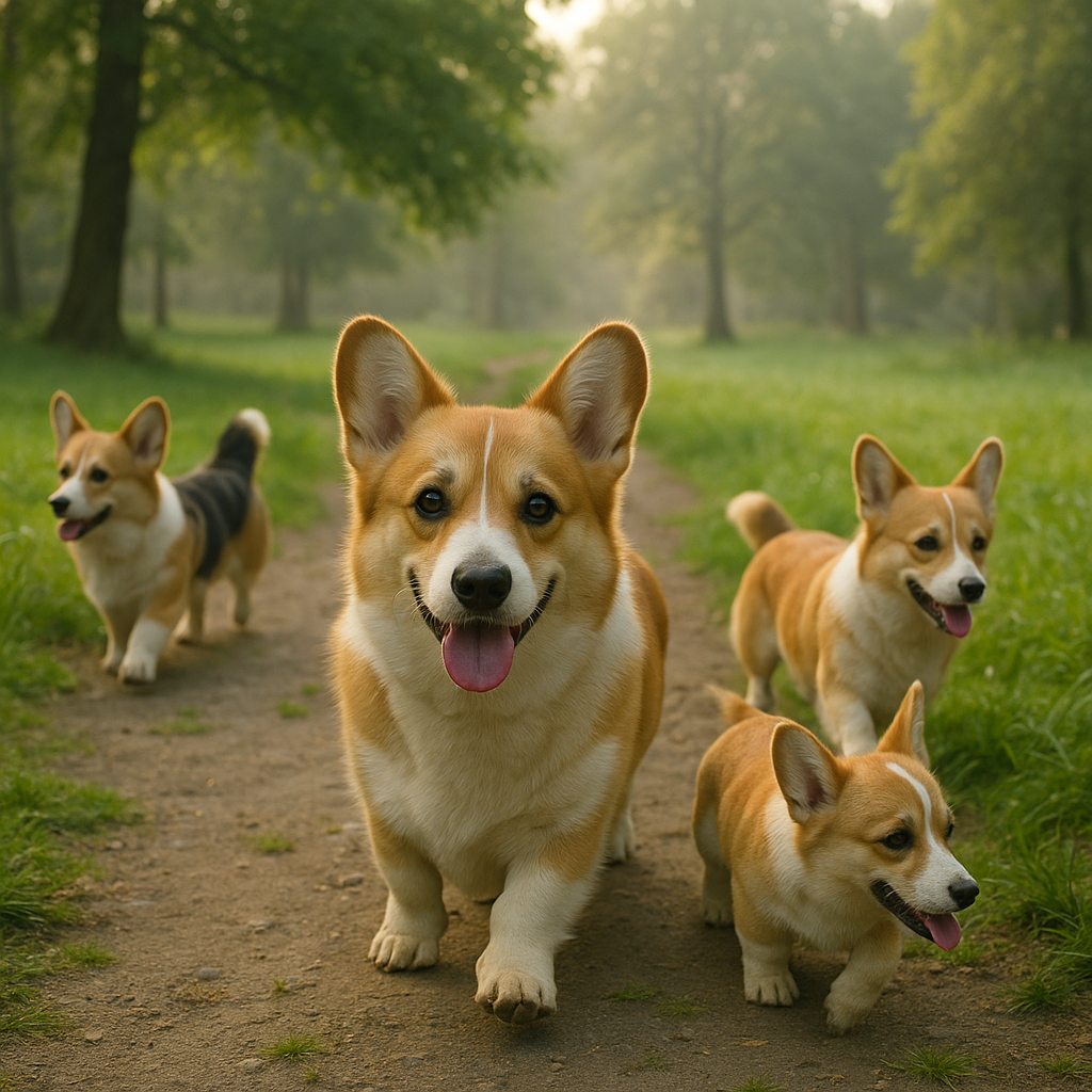 Groupe de Pembroke Welsh Corgis en promenade