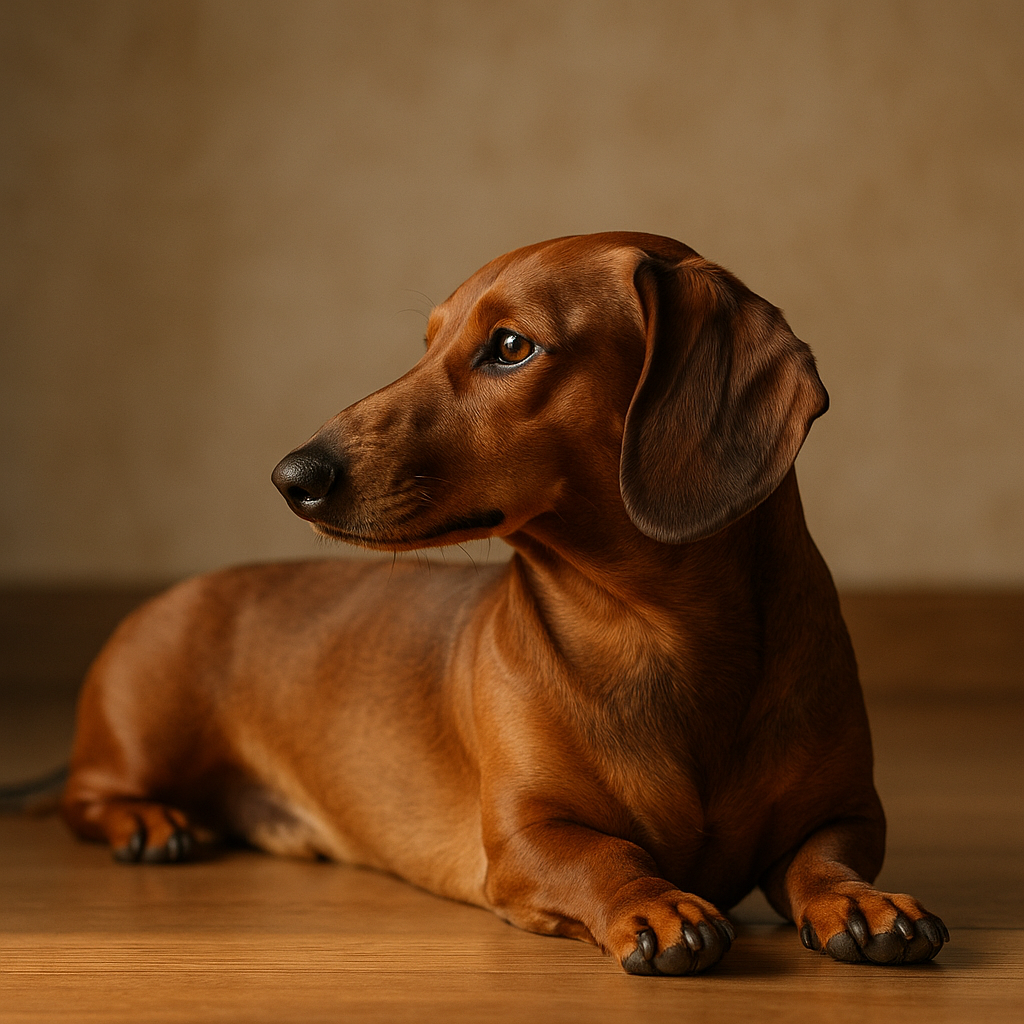 Dachshund de profil montrant la morphologie allongée et la hauteur au garrot