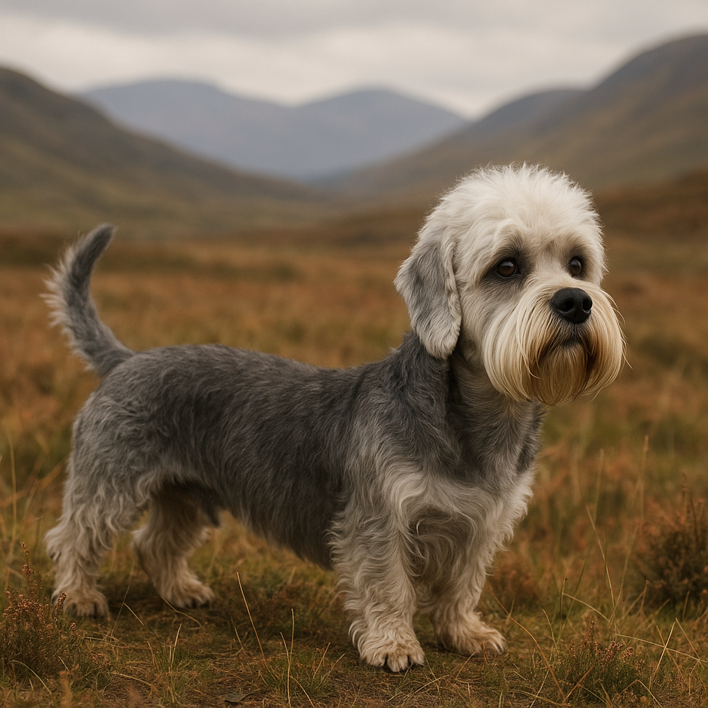 Dandie Dinmont Terrier debout sur une lande écossaise montrant ses moustaches caractéristiques