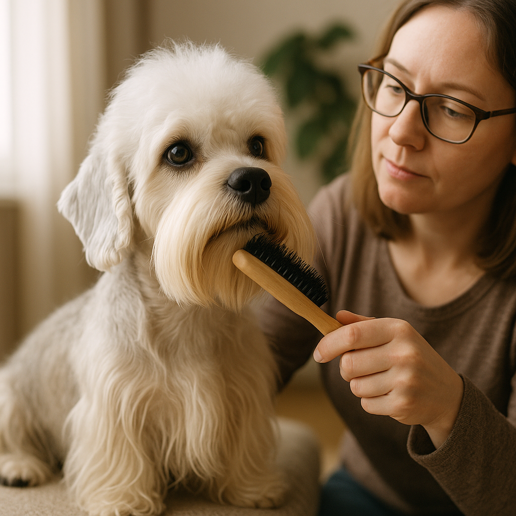 Propriétaire brossant les moustaches et le poil soyeux d’un Dandie Dinmont Terrier