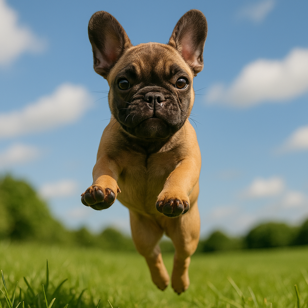 Jeune bouledogue français sautant dans l'herbe avec les pattes arrières jointes
