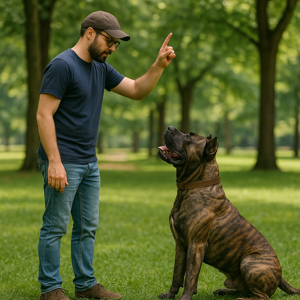 Propriétaire dressant un Perro de Presa Canario dans un parc