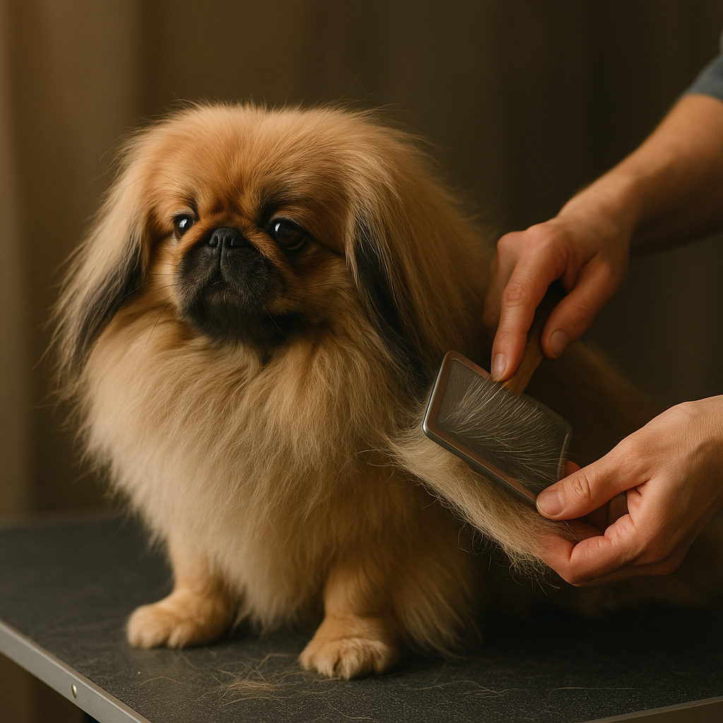 Toilettage d'un Pekingese en cours