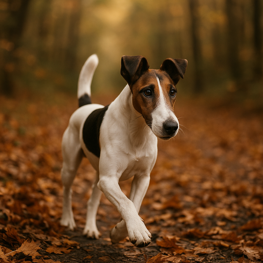 Fox Terrier Smooth courant dans un sous-bois automnal