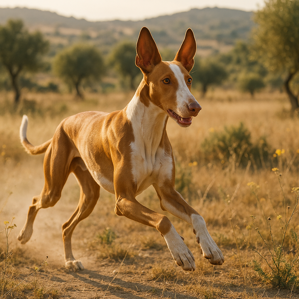 Ibizan Hound courant dans la campagne espagnole baignée de soleil