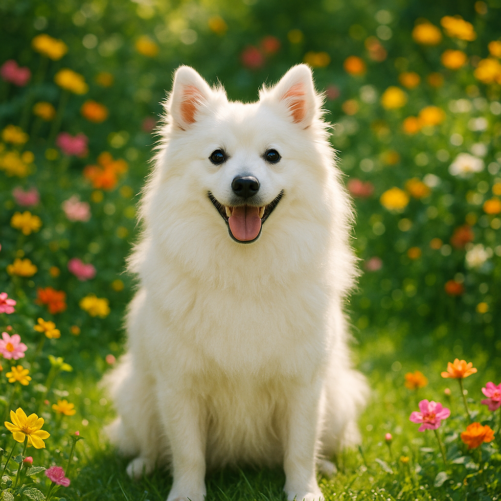 Japanese Spitz blanc assis dans un jardin