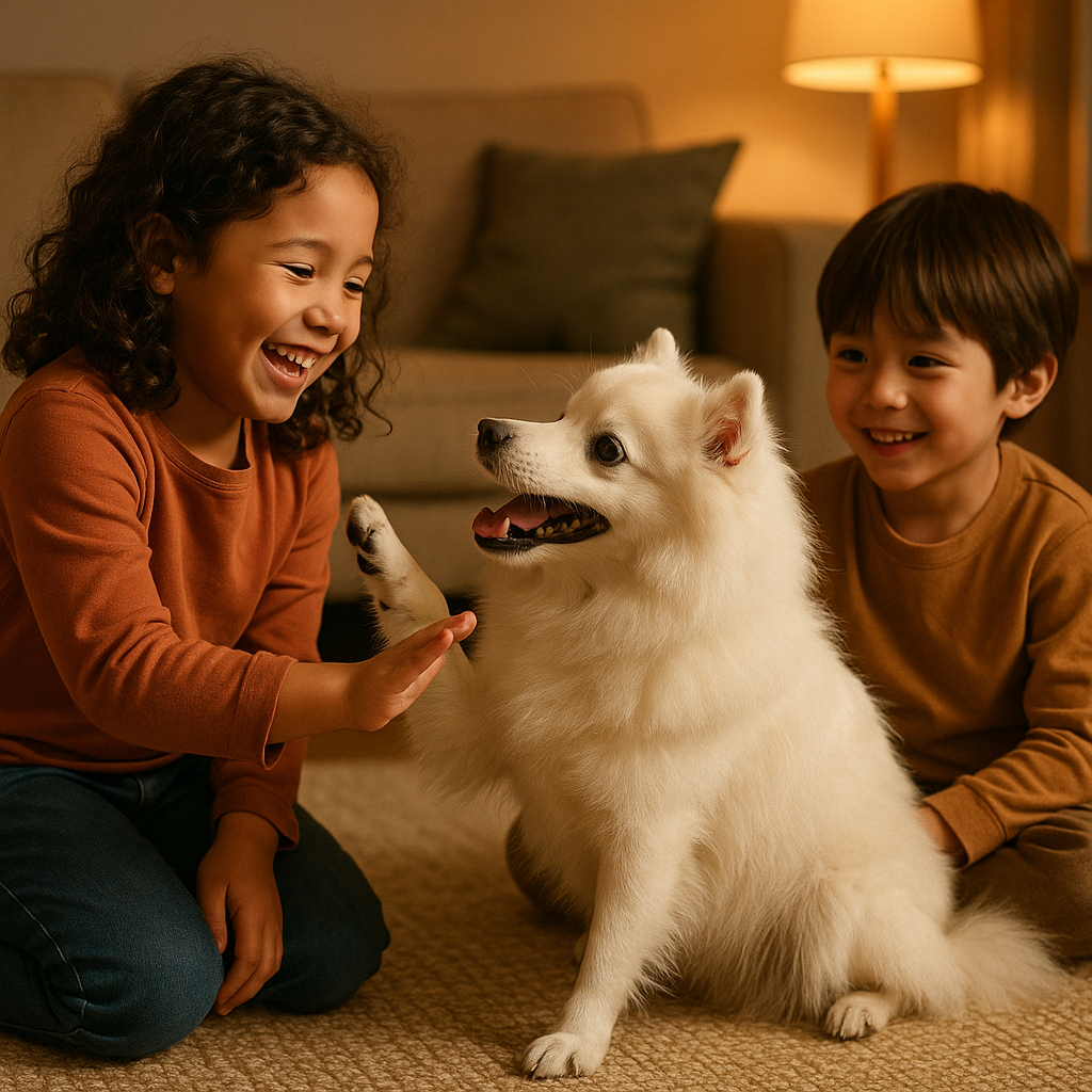 Japanese Spitz jouant avec des enfants