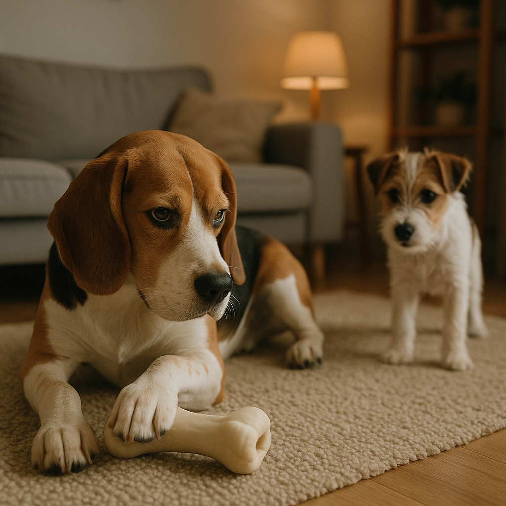 Chien cachant son jouet sous sa patte tout en observant un autre chien à distance