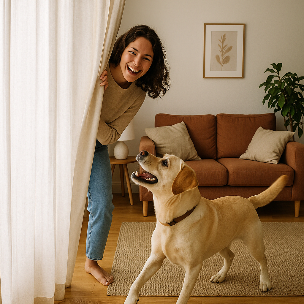 Propriétaire caché derrière un rideau pendant que son chien le cherche joyeusement