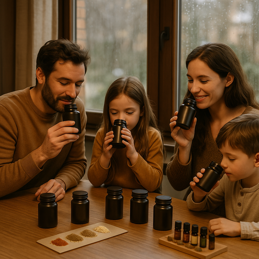 Parents et enfants découvrant des jeux olfactifs autour de bocaux parfumés
