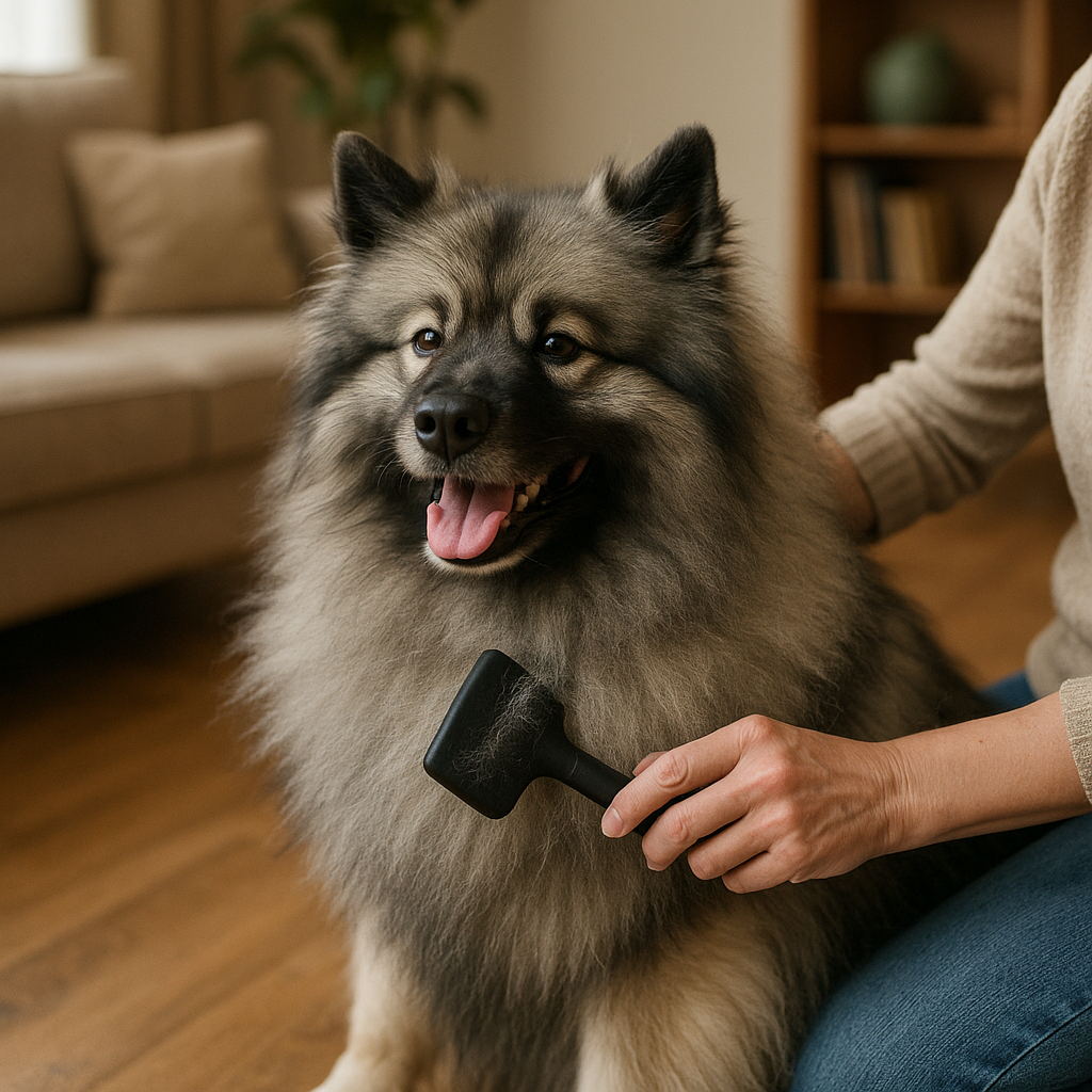 Propriétaire brossant soigneusement un Keeshond à l’intérieur