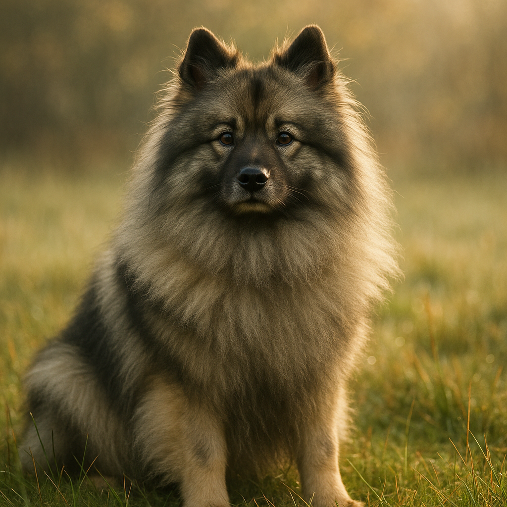 Portrait d’un Keeshond assis sur un champ matin calme