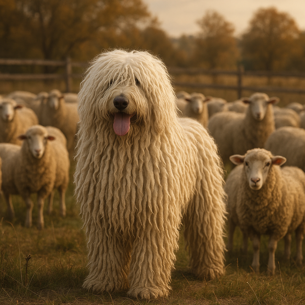 Komondor aux dreadlocks protégeant un troupeau de moutons