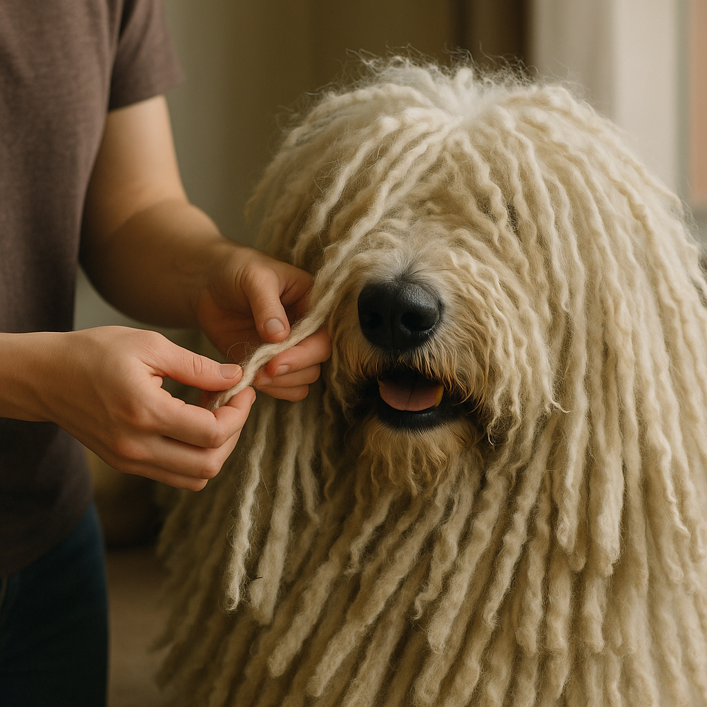 Toilettage d'un Komondor, séparation des dreadlocks