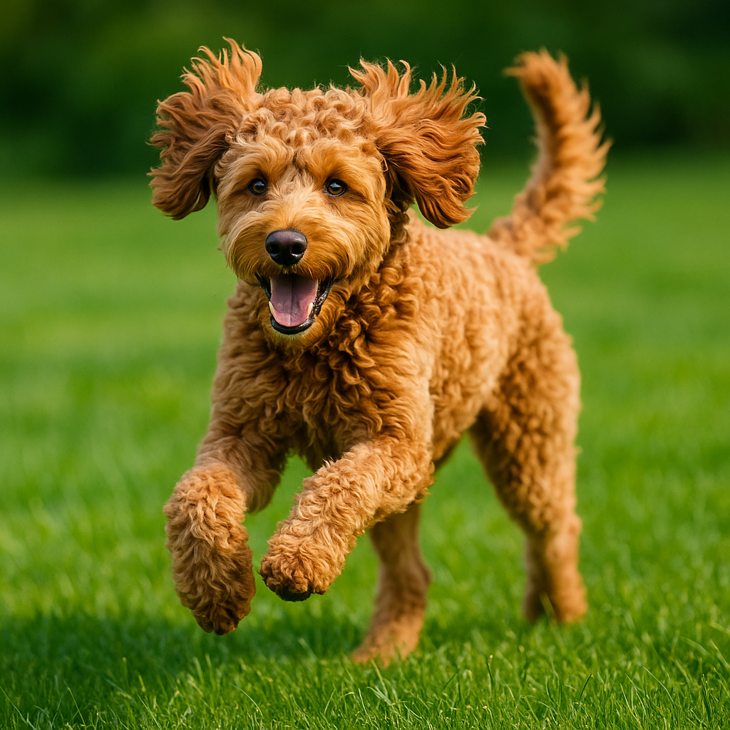 Labradoodle courant sur une pelouse verte