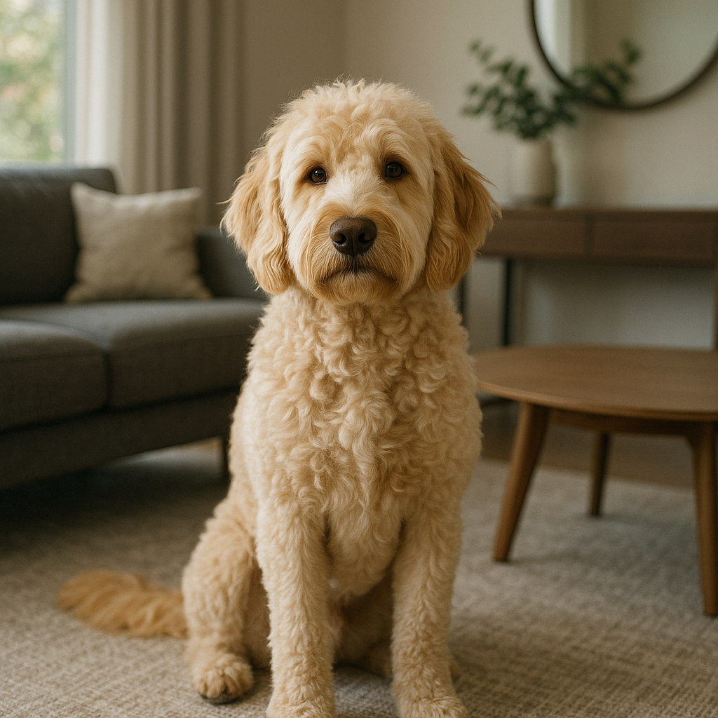 Labradoodle beige assis dans un salon moderne