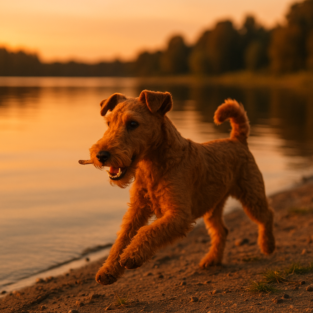 Lakeland Terrier jouant au bord d'un lac au coucher du soleil.
