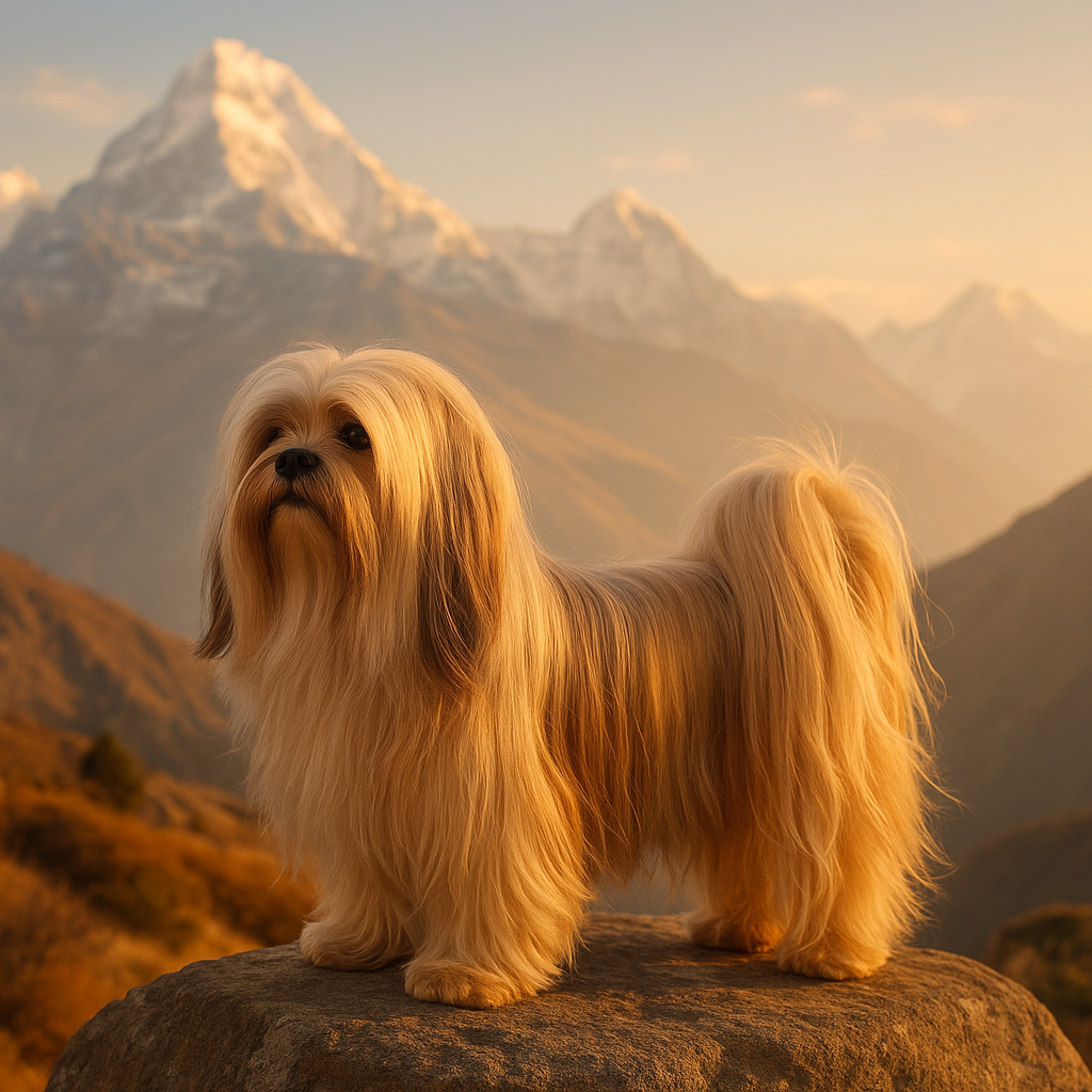 Lhasa Apso debout sur un rocher dans les montagnes de l'Himalaya