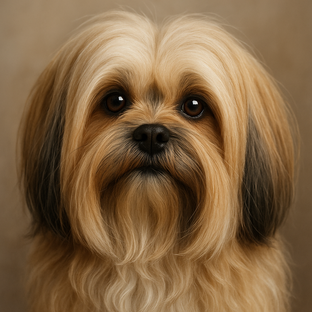 Portrait d'un Lhasa Apso miniature à poil long avec un regard vif
