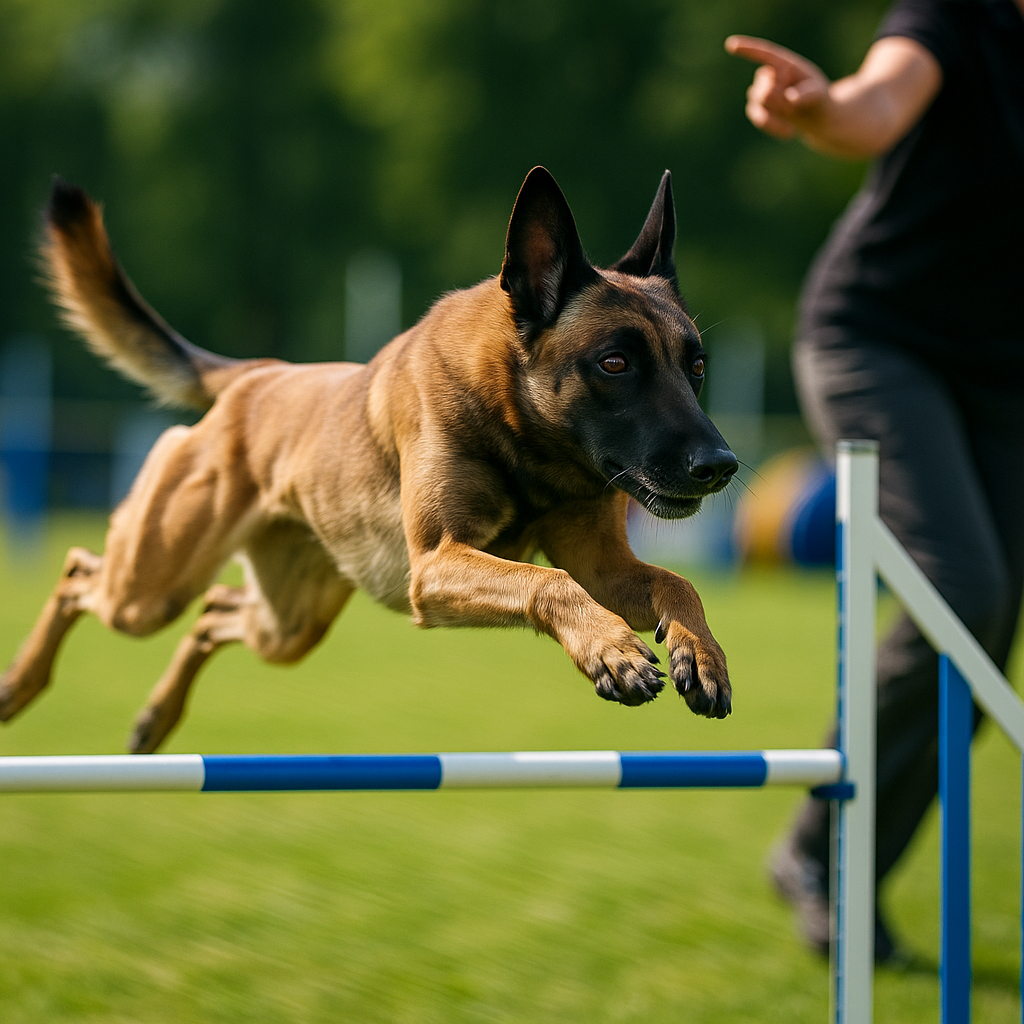 Malinois sautant une haie d'agility avec précision, maître en arrière-plan donnant un signal visuel