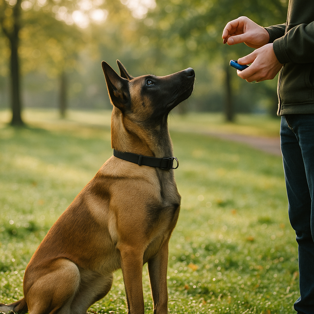 Malinois suivant un parcours d'agility avec son maître utilisant des récompenses